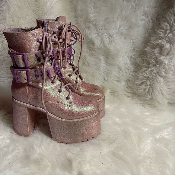 Sugar Thrillz Gothic Platform Pink Glitter lace upBoots  spikes accents SZ6 - Picture 2 of 13